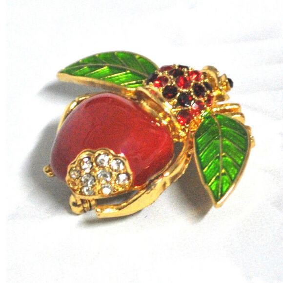Joan Rivers Red Apple Bee Brooch Pin Pave Crystal Rhinestones Enameled Gold New - Picture 5 of 10